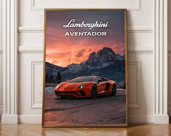 May include: Framed print featuring an orange Lamborghini Aventador parked on a road with a mountain backdrop. The sky is a blend of orange and purple hues. The Lamborghini and Aventador text are in white.