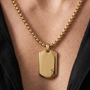 Custom Engraved Dog Tag Necklace – Personalized Initial Pendant, Gold or Silver 22” Box Chain