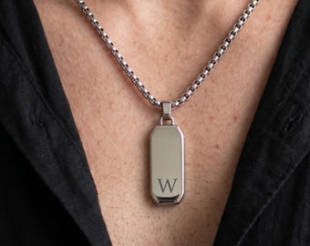 Personalized Initial Necklace for Men, Engraved Letter Pendant, Custom Name Necklace, Men's Jewelry Gift. Silver or Gold Box Chain