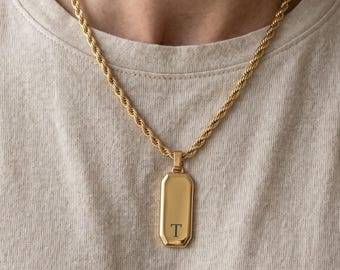 Custom Engraved Initial Pendant Necklace For Men | Silver or Gold Plated 22" Rope Chain.