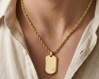 Initial Dog Tag Necklace for Men, Engraved Pendant, Custom Men’s Necklace, Minimalist Stainless Steel Jewelry, Gift for Him.