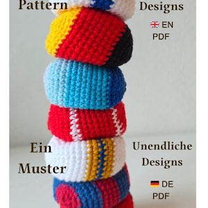 May include: A vertical stack of seven crocheted spheres featuring various color combinations including white, blue, yellow, red, and black. Text on the image reads One Pattern Endless Designs EN PDF and Ein Muster Unendliche Designs DE PDF.