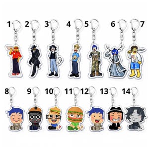 May include: Collection of fourteen acrylic keychains featuring cartoon characters in various outfits. Each keychain has a silver-colored metal ring and chain. The characters are depicted in different poses and attire, including a chef, a spy, and a soldier.