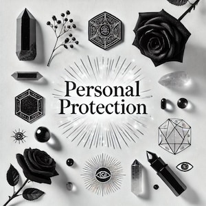 May include: An assortment of crystals, black roses, and geometric shapes arranged around the words "Personal Protection." The image features a variety of black and clear crystals, a black rose, and a black lipstick tube. The overall theme is spiritual and mystical.