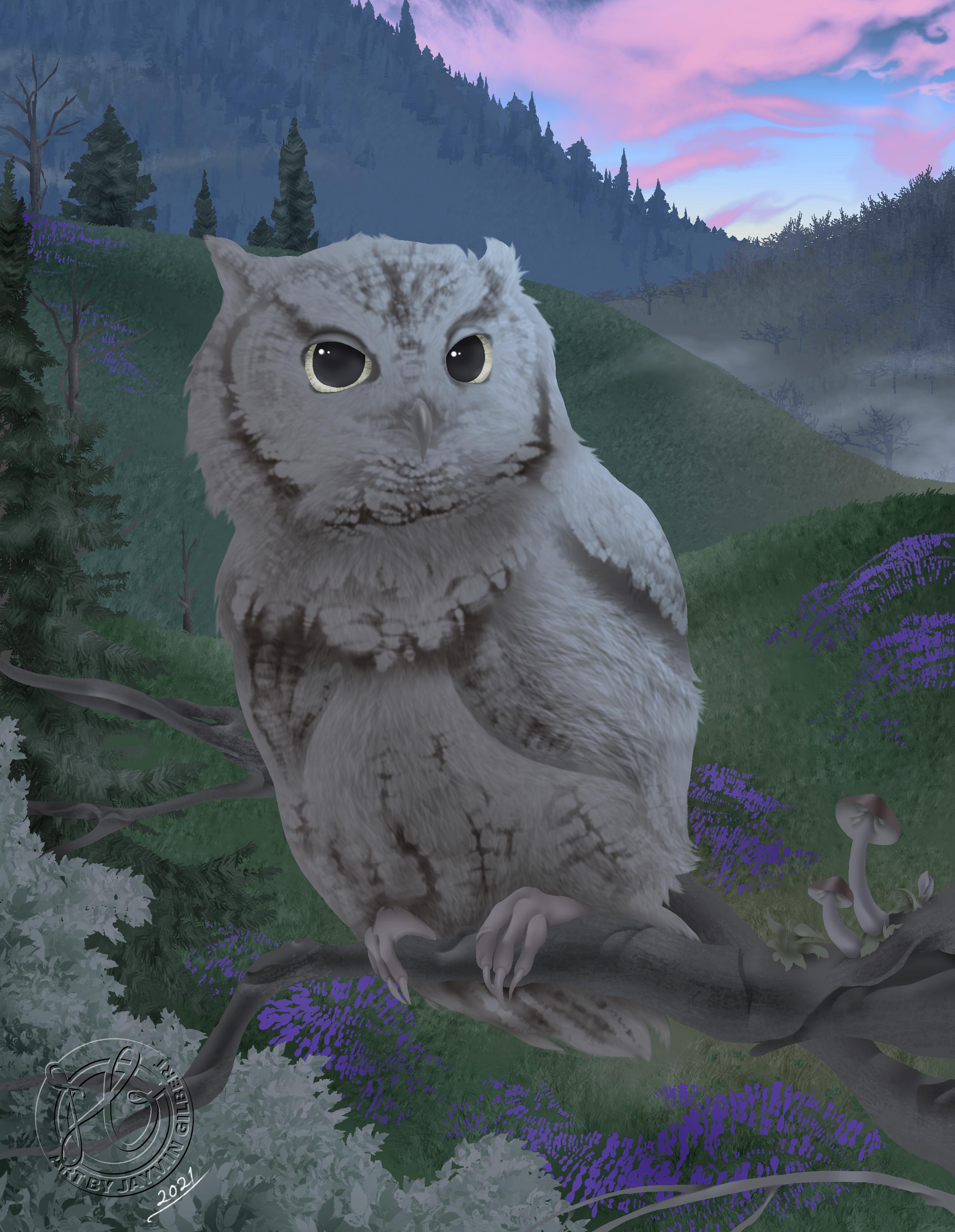 Screech Owl in a Lupine Mountainscape (Digital Illustration)