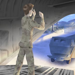 May include: An illustration of a person in a camouflage uniform inside a structure, looking towards a vehicle. The vehicle is a light blue color with a tan-colored top. The background shows a snowy landscape with trees and a building.