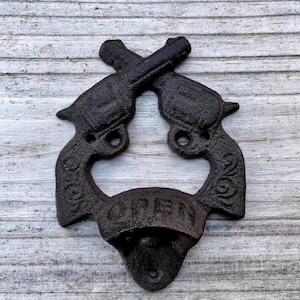 Double Pistol Bottle Openers, Corkscrews & Openers, Rustic Brown Finish, Durable Cast Iron, 3 Mounting Holes, Antique Style, for Gift