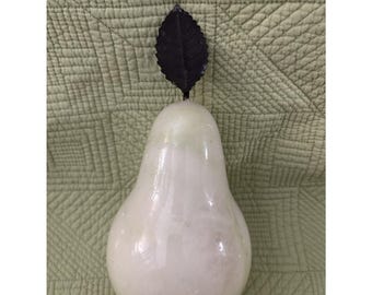 Vtg Italian Alabaster Stone Pear Sculpture w Metal Leaf – Hollywood Regency 8"