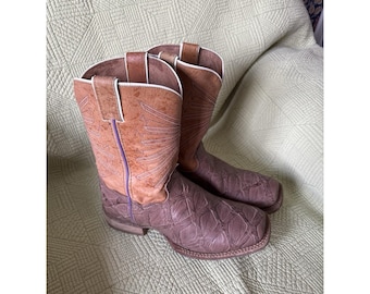 Justin Cowboy Boots 2Tone Brown w/CaimanStyle embossed Leather Square Toe S 4.5D