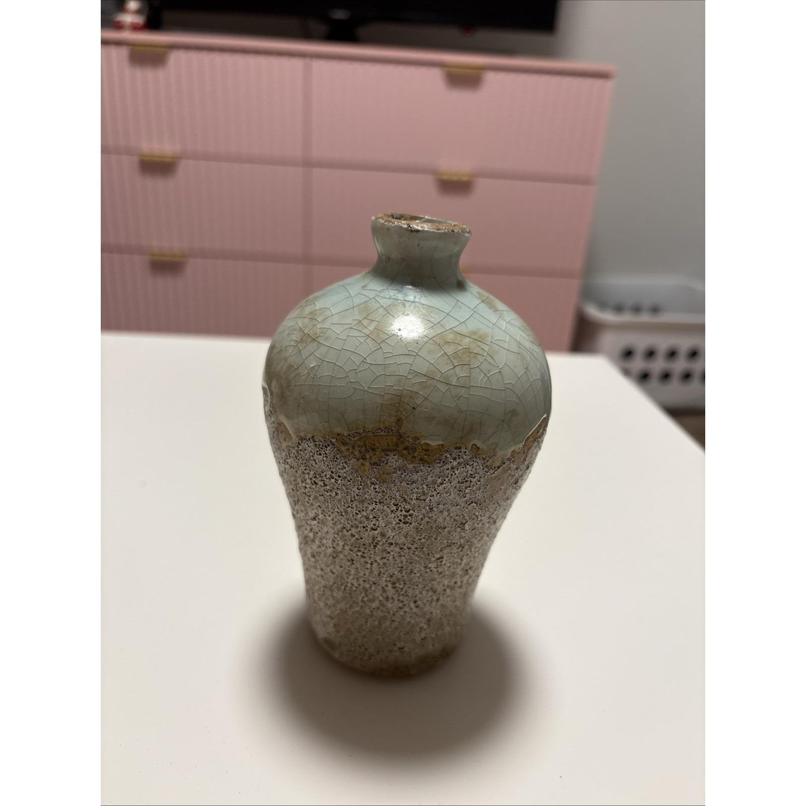 Vintage crackle glaze Ceramic vase W Texture Rustic Bottom Sm Neck 5.75"