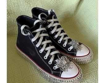 Benutzerdefinierte Bling Strass schwarze High Top Sneakers Nieten Y2K Glam Schuhe Größe 10