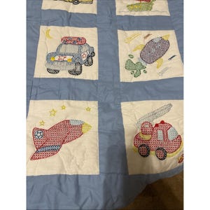 Cross Stitch Hand Made Vintage Baby Boy Blanket Trucks Warm Quilted 46 X 34" image 4