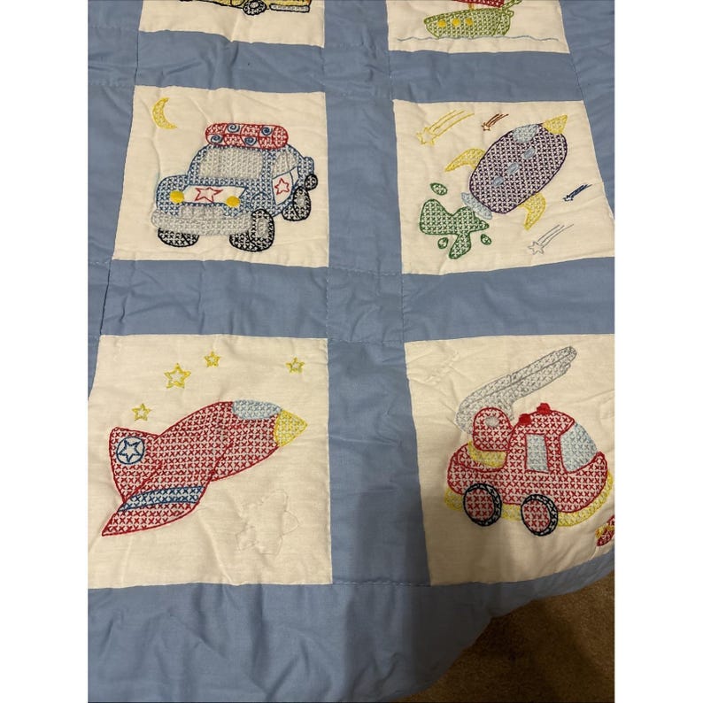 Cross Stitch Hand Made Vintage Baby Boy Blanket Trucks Warm Quilted 46 X 34" image 4