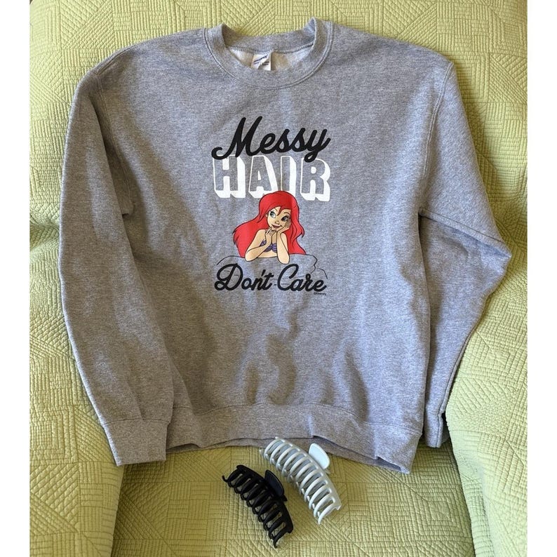 Disney Little Mermaid Ariel "Messy Hair …" Sweatshirt Med W/ 2 Messy Bun Clips image 1