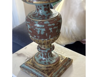 Pottery Barn Rustic Gold Teal Wooden Pillar Candle Holder Distressed Large 11"