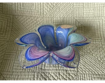 Vintage Murano Italian Art Clear Glass Pastel Swirl Flower Bowl Dish Trinket  6"