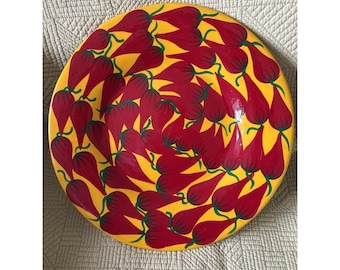 Vtg Terra Cotta Mexican Pottery Chili Pepper Serving Plate Hand Painted Footed