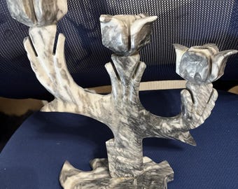 Chandelier Halloweeny en marbre, bougeoir tulipe en pierre sculptée à la main, 3 branches effilées