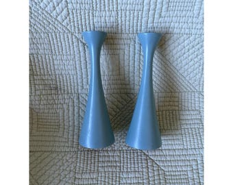 Mid Century Modern Swedish Blue/teal Wood Candle Holders Pair MCM Scandinavian
