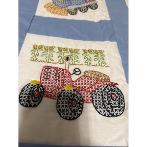 Cross Stitch Hand Made Vintage Baby Boy Blanket Trucks Warm Quilted 46 X 34" image 6