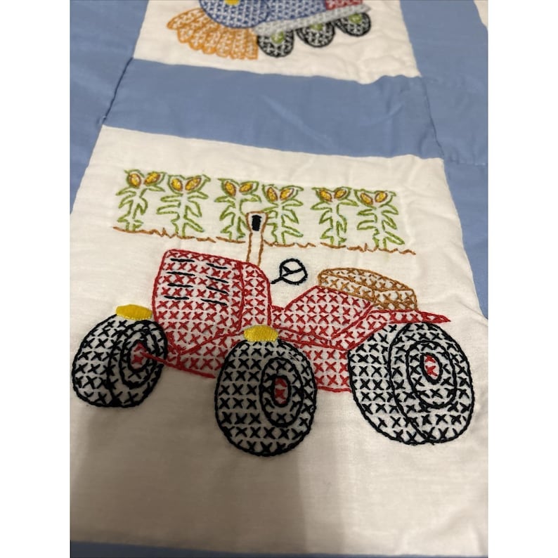 Cross Stitch Hand Made Vintage Baby Boy Blanket Trucks Warm Quilted 46 X 34" image 6