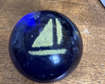 Vintage MCM Sculpture Art Glass Cobalt Blue Paperweight with Gold Sailboat