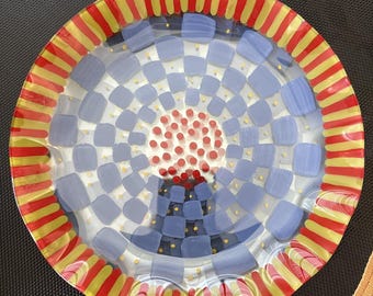 6 - hand painted decorative 9" glass plates W Ruffle Edges red blue yellow green