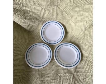 Vtg  Set Of 3 Pyrex Tableware 713 Blue Turquoise Band USA Bread Dessert Plates