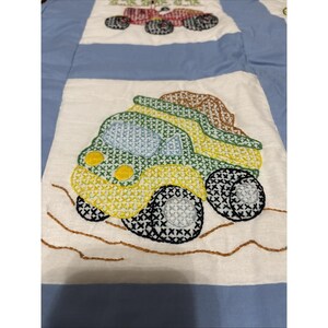 Cross Stitch Hand Made Vintage Baby Boy Blanket Trucks Warm Quilted 46 X 34" image 7