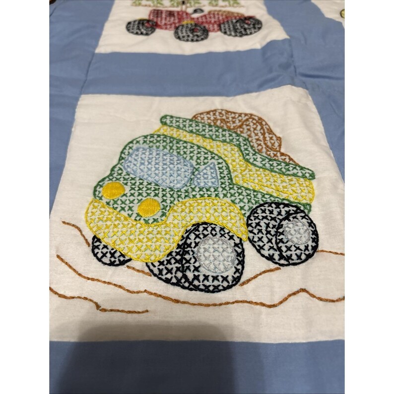 Cross Stitch Hand Made Vintage Baby Boy Blanket Trucks Warm Quilted 46 X 34" image 7