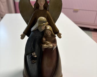 Holy Family with Baby And Angel Carved Wooden Sculpture 11"