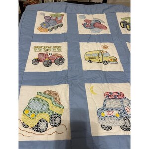 Cross Stitch Hand Made Vintage Baby Boy Blanket Trucks Warm Quilted 46 X 34" image 2