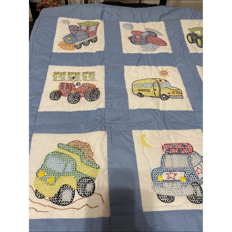 Cross Stitch Hand Made Vintage Baby Boy Blanket Trucks Warm Quilted 46 X 34" image 2