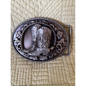 Vintage Western Cowboy Boots Belt Buckle Rope Scroll Design Silvertone 4x3"