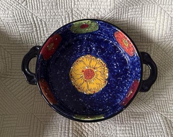 Vintage Style Pottery Bakeware Colorful Floral Blue Ceramic Casserole Dish 7.25"