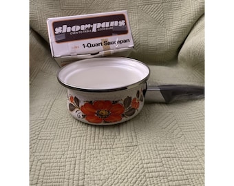Vtg Show Pans 1 Qt Saucepan Orange Floral Enamel Sanko ware new w/ Box Retro