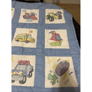 Cross Stitch Hand Made Vintage Baby Boy Blanket Trucks Warm Quilted 46 X 34" image 3