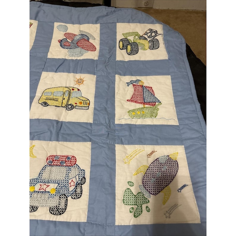Cross Stitch Hand Made Vintage Baby Boy Blanket Trucks Warm Quilted 46 X 34" image 3