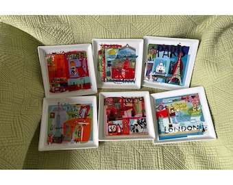 Crate & Barrel Travel City Scenes 6" Square Porcelain Appetizer Plate Set of 6