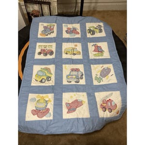 Cross Stitch Hand Made Vintage Baby Boy Blanket Trucks Warm Quilted 46 X 34" image 1