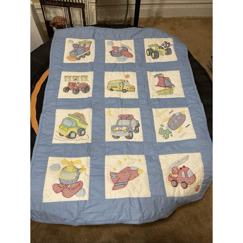 Cross Stitch Hand Made Vintage Baby Boy Blanket Trucks Warm Quilted 46 X 34" image 1