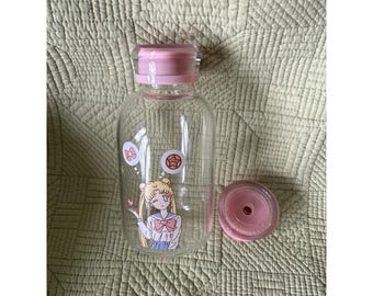 Sailor Moon Glass Water Bottle With Two Pink Lids 12 Oz