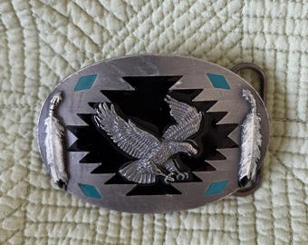 Vintage Siskiyou AG 87 Eagle Southwestern Belt Buckle Turquoise Inlay FeatherUSA