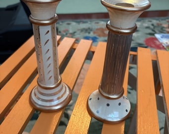 Pair of hand painted glass candlestick holders 7" Unique Design - Signed