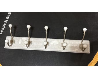 White Wood Wall CoatRack 5 Double Hooks Ceramic Knobs Shabby Chic 24"Cottagecore