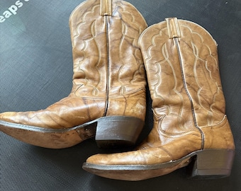 Vintage 70s Tony Lama Brown Leather Cowboy Boots 7076 Size 9.5 B