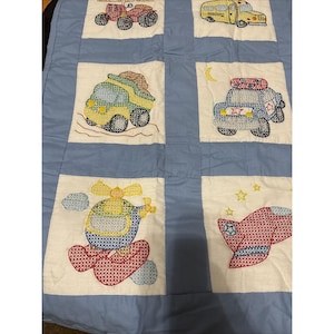 Cross Stitch Hand Made Vintage Baby Boy Blanket Trucks Warm Quilted 46 X 34" image 5