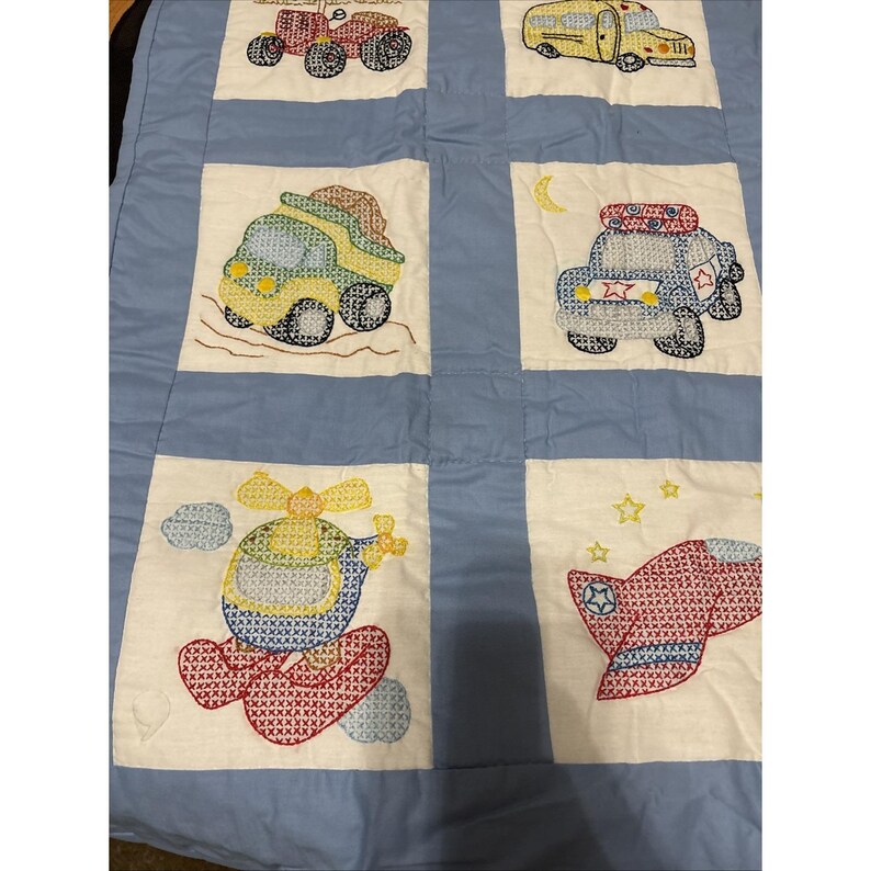 Cross Stitch Hand Made Vintage Baby Boy Blanket Trucks Warm Quilted 46 X 34" image 5
