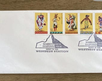 Sobre de primer día de Danzas Indígenas Estadounidenses de 1996 – Mammoth Lakes, CA – Estación Westfest FDC – Sellos de USPS para Nativos Americanos