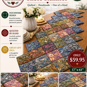 Quilted  Paisley Patchwork Table Runner – Multicolor Boho Farmhouse Decor (17x61")